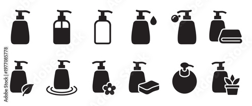 Various black silhouette pump dispenser bottle icons representing different liquids and bath products, presented in a clean, modern graphic style
