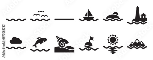 Comprehensive collection of simple black and white nautical and ocean-themed icons, featuring waves, birds, boats, and marine life