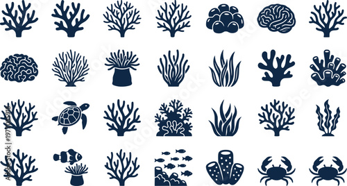 Ocean Floor Logos. Ocean floor. Icon set. Set Logo of Ocean floor: Coral reef. harmonious logo variations of the same emblematic concept (Minimal outline,