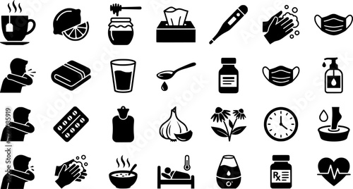 Home Remedies Icons. Home remedies. Line icon set of home remedies: cup of tea, lemon, honey jar, tissue box, thermometer, blanket, water glass, pill bottle,