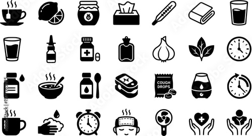 Home Remedies Icons. Home remedies. Line icon set of home remedies: cup of tea, lemon, honey jar, tissue box, thermometer, blanket, water glass, pill bottle,