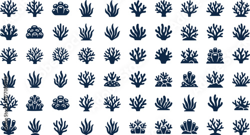 Ocean Floor Logos. Ocean floor. Icon set. Set Logo of Ocean floor: Coral reef. harmonious logo variations of the same emblematic concept (Minimal outline,