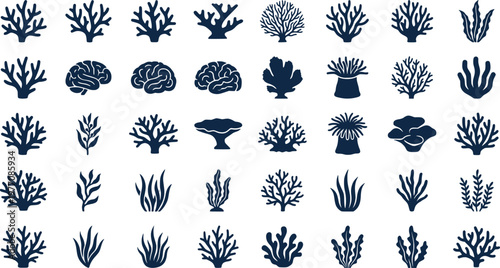 Ocean Floor Logos. Ocean floor. Icon set. Set Logo of Ocean floor: Coral reef. harmonious logo variations of the same emblematic concept (Minimal outline,