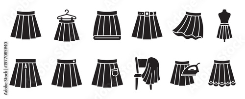 Collection of black silhouette pleated skirts in various styles and presentations, including belted, folded, and on a hanger