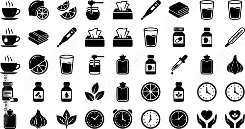 Home Remedies Icons. Home remedies. Line icon set of home remedies: cup of tea, lemon, honey jar, tissue box, thermometer, blanket, water glass, pill bottle,