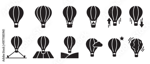 Collection of black hot air balloon icons in various states of flight and landing, presented in a clean, minimalist style