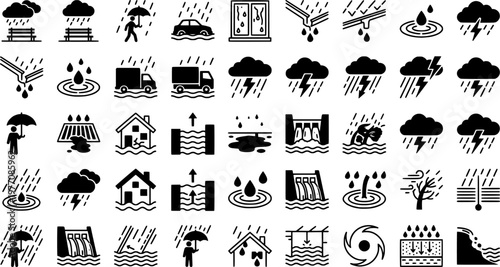 Rainy Day Icons. Outline icon set of rainy day outdoor scenes: park bench in rain, wet tree, people with umbrellas, flooded street, rain on window, dripping