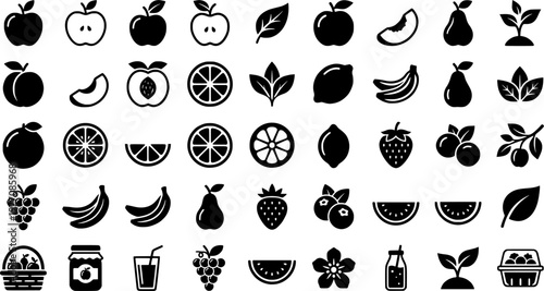 Fruit and nature outline icons set – linear, garden, organic symbols
