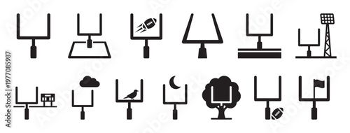 Collection of black American football goalpost icons with various elements, including a flying ball, a bird, and a tree, presented in a clean, minimalist style