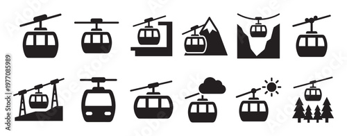 Collection of black and white gondola lift icons in various styles, depicting cable cars in different mountain and weather conditions