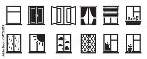 Collection of various window icons in black silhouette, depicting different styles, weather conditions, and decorative elements
