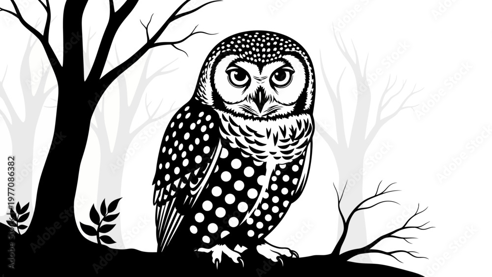 Fototapeta premium Black and White Owl Perched on a Branch in a Spooky Forest