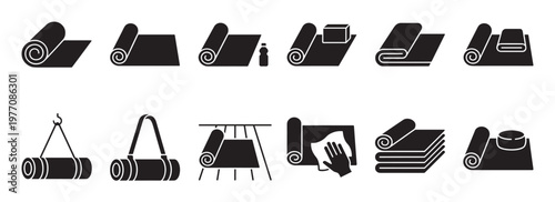Various black yoga mat icons illustrating different states of rolling, folding, carrying, and cleaning, presented in a clean, graphic style