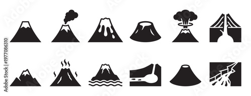 Various black and white volcano icons depicting different stages of eruption and geological formations in a clean, graphic style