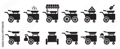 Collection of black silhouette street food cart icons, depicting various cooking and serving scenarios in a clean graphic style