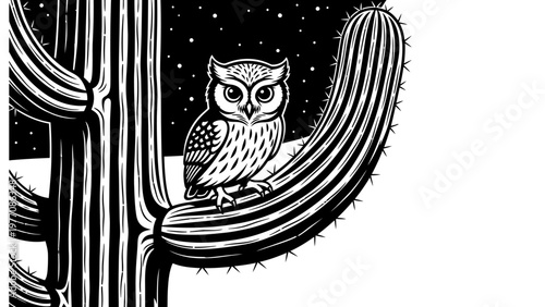 Bilde på lerret Whimsical Owl Perched on Saguaro Cactus Under Starry Night Sky, Black and White