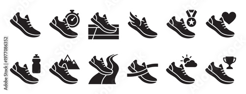 Collection of black running shoe icons depicting various aspects of fitness, sports, and outdoor activities