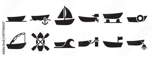 Collection of various boat and watercraft silhouette icons, including a sailboat, motorboat, fishing boat, and rowboat, presented in a clean, graphic style