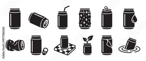 Various black silhouette aluminum beverage cans in different states, including full, open, crushed, wet, and with a straw, presented as a set of icons