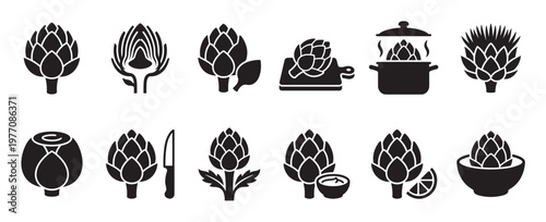 Collection of black and white artichoke icons depicting various stages from whole vegetable to cooking and serving, presented in a clean, graphic style