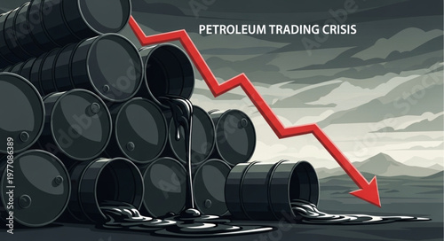 Oil barrels with crude oil spilling and a downward trending graph indicating a crisis.