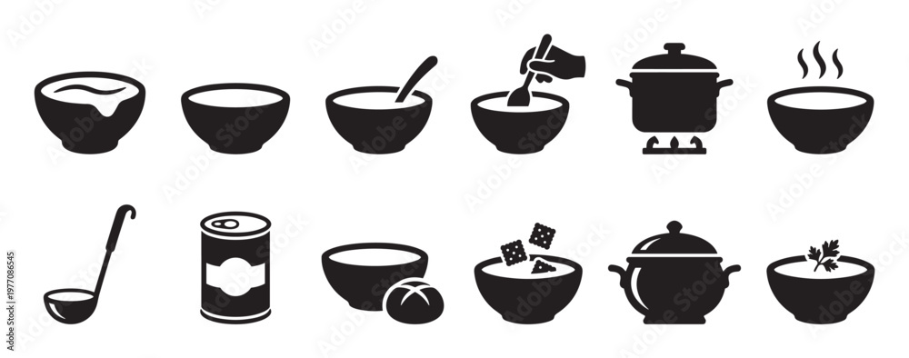 Fototapeta premium Black and white soup icons set featuring various bowls, pots, and cooking elements in a simple graphic style