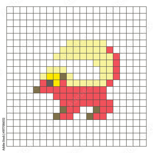 A flat pixel design made of geometric square color blocks on a clean grid layout. Pixel art skunk