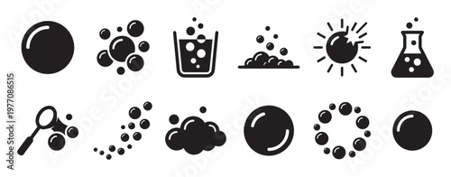 Collection of various black bubble icons, including single bubbles, groups, foam, and a beaker, presented in a clean, graphic style