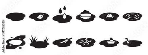 Collection of black and white puddle icons illustrating various elements and activities related to water and nature