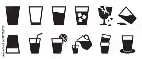 Various black silhouette glass icons are arranged in two rows, illustrating different states of drinking glasses, from empty to broken