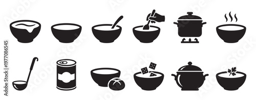 Black and white soup icons set featuring various bowls, pots, and cooking elements in a simple graphic style