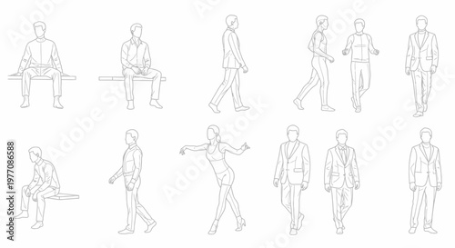 Diverse human figures in various poses: sitting, standing, walking, dancing, athletic, formal wear