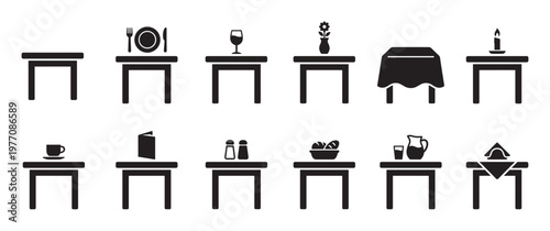 Collection of twelve black silhouette table icons, each displaying different dining and restaurant elements in a clean, graphic style
