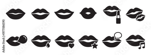 Various black silhouette lips icons with different expressions and symbols, including lipstick, kiss, bubble gum, and music notes