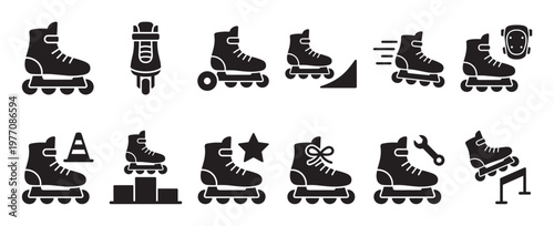 Collection of black inline roller skate icons depicting various actions, accessories, and scenarios in a clean, graphic style