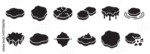 Collection of various black ice floe and iceberg silhouette icons with white outlines, depicted in a flat graphic style