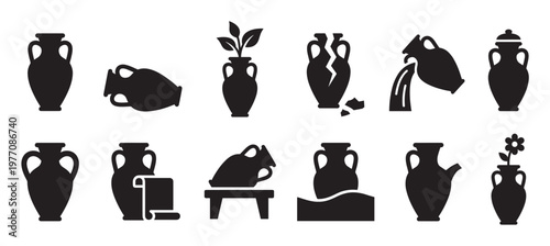 Various black silhouette amphora icons depicting ancient Greek and Roman pottery vessels in different states and uses, presented as a clean graphic illustration