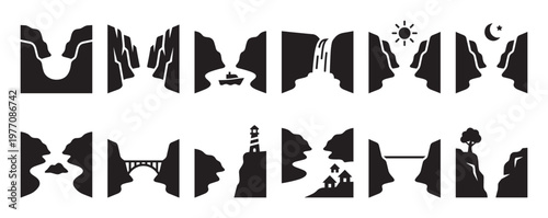 Collection of stylized black and white canyon and gorge icons depicting various natural landscapes and elements