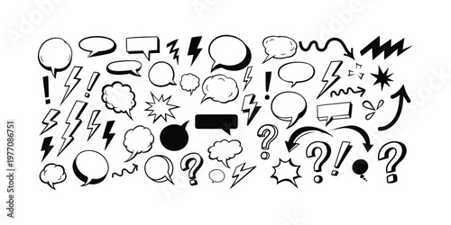 Hand drawn speech bubbles icons set communication symbols doodle sketch collection