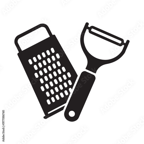 Black and white illustration of a vegetable grater and peeler