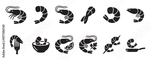 Various black shrimp and prawn icons are displayed in a clean, minimalist style, showcasing different forms and preparations
