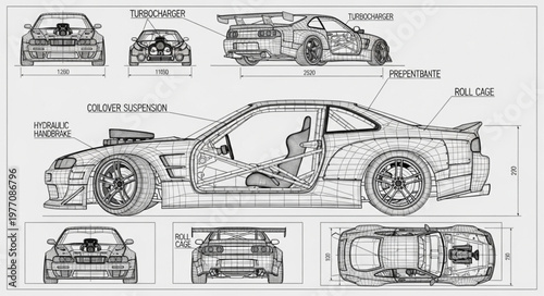 Detailed Blueprint of a Sports Car Showing Mechanical Components.