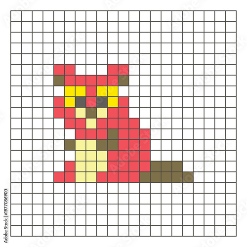 A flat pixel design made of geometric square color blocks on a clean grid layout. Pixel art beaver