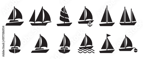 Collection of twelve distinct black sailboat silhouette icons with various mast and sail configurations, presented in a clean, graphic style