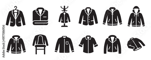Various black silhouette clothing icons including jackets, coats, and shirts, displayed in a clean, modern graphic style