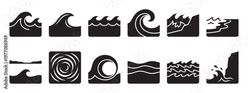 Collection of various black and white wave icons depicting different forms and movements of water, presented as simple graphic elements