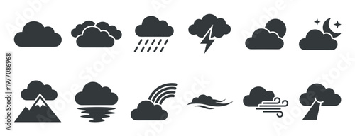 Comprehensive set of dark gray weather icons depicting various atmospheric conditions and natural phenomena in a clean, modern style
