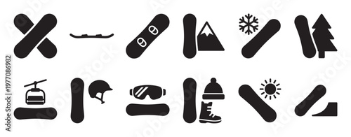 Collection of black silhouette snowboarding icons including snowboards, mountains, snowflakes, trees, and winter gear
