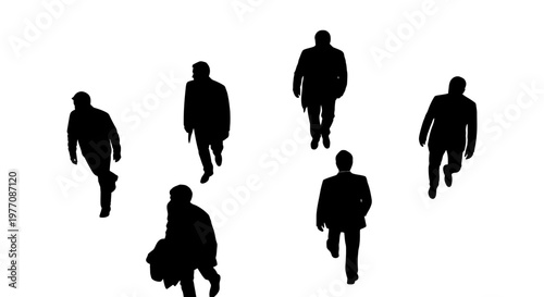 Overhead view of business people walking in silhouette, isolated on white background