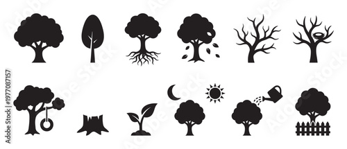 Various black tree silhouettes depicting different shapes, seasons, and growth stages, including a sapling, a stump, and a tree with roots